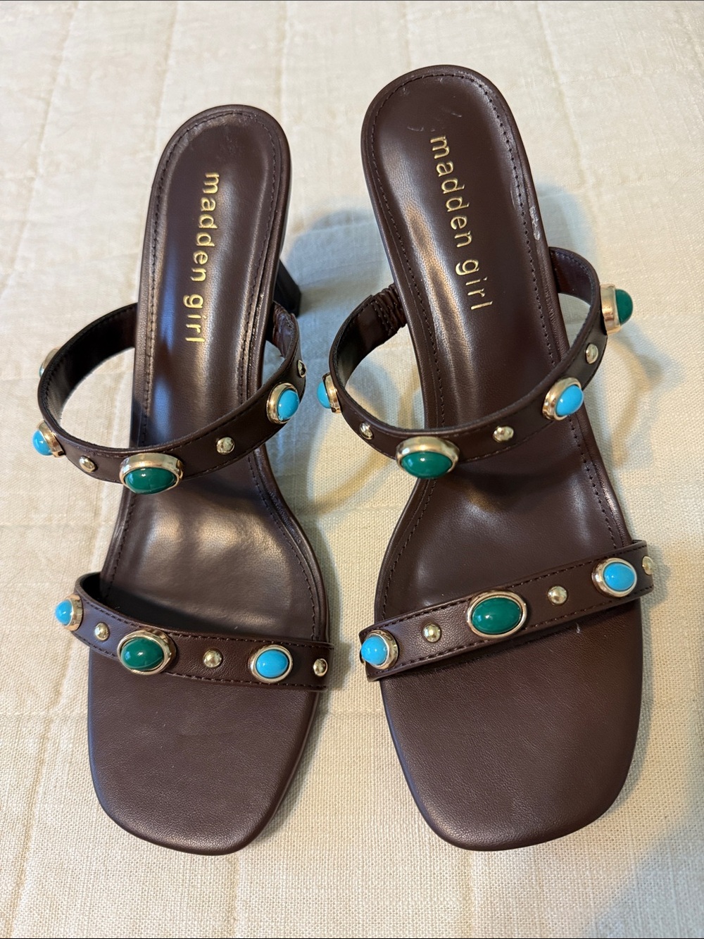 Madden Girl Brown Slide Heels with Turquoise and Teal Gem Accents